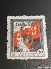 Selos: GUERRA CIVIL. VIÑETA DE LA CNT Y LA FAI. LLIBERTAT, AYUDAD AL PUEBLO ESPAÑOL. MATASELLADA.